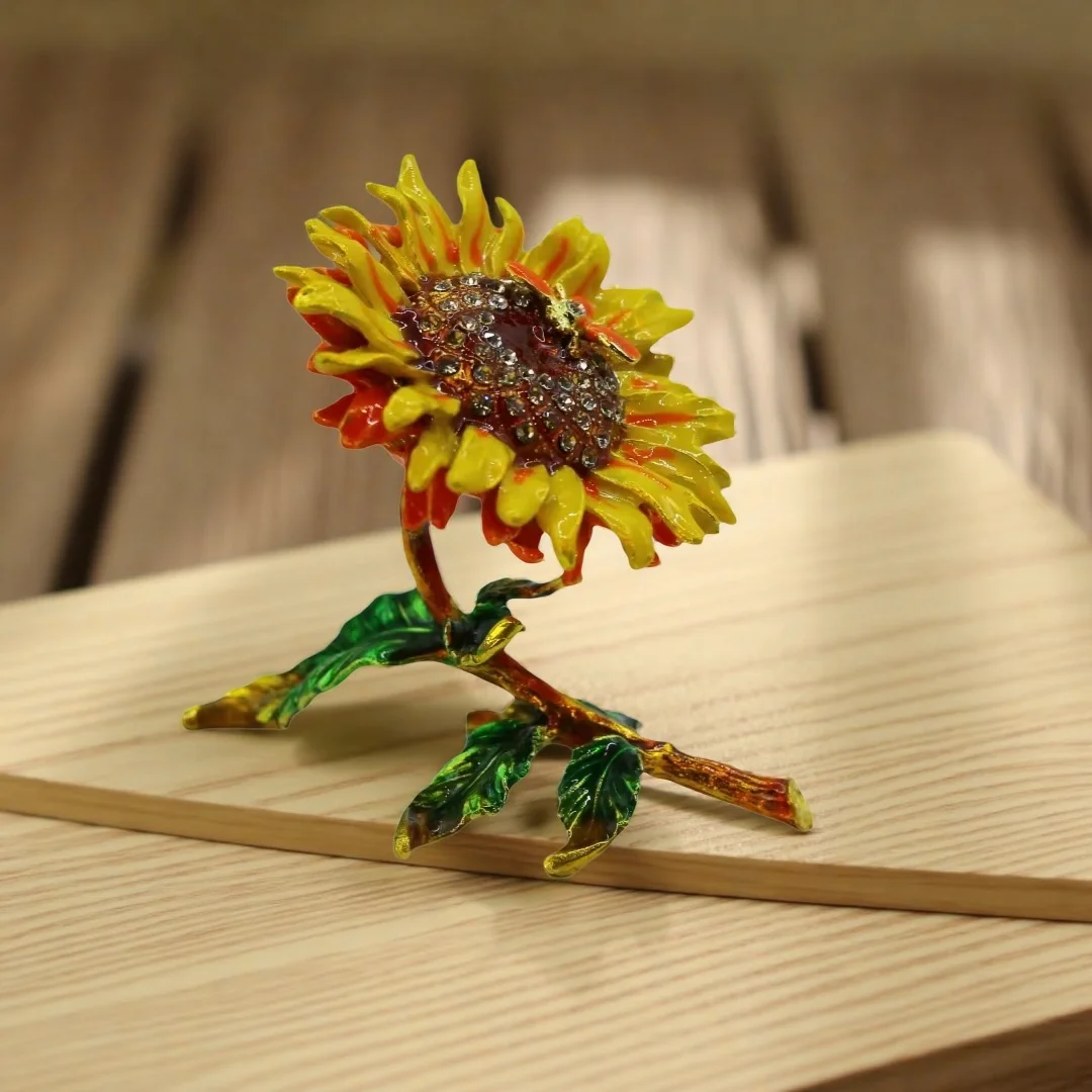 Sunflower Simulation 3.15in  Alloy Jewelry Box Craft Enamel Color Inlaid with Diamonds Flower Art Decoration Gift For Girl
