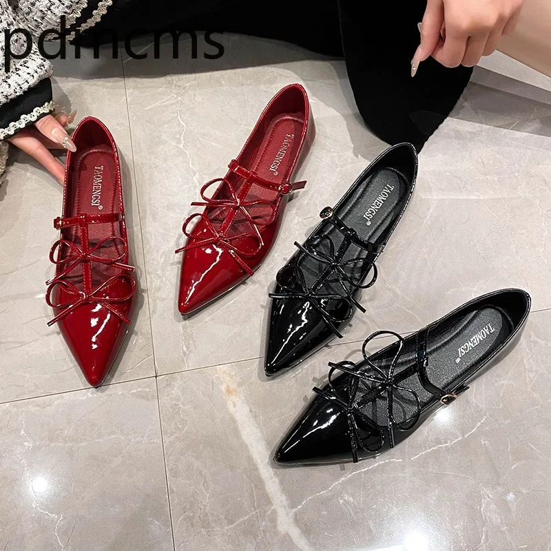 New Women's Shoes Designer Pointed Bow Casual Shoe Mary Jane Single Shoes for Women Spring Comfortable Flat Shoe Sapato Feminino