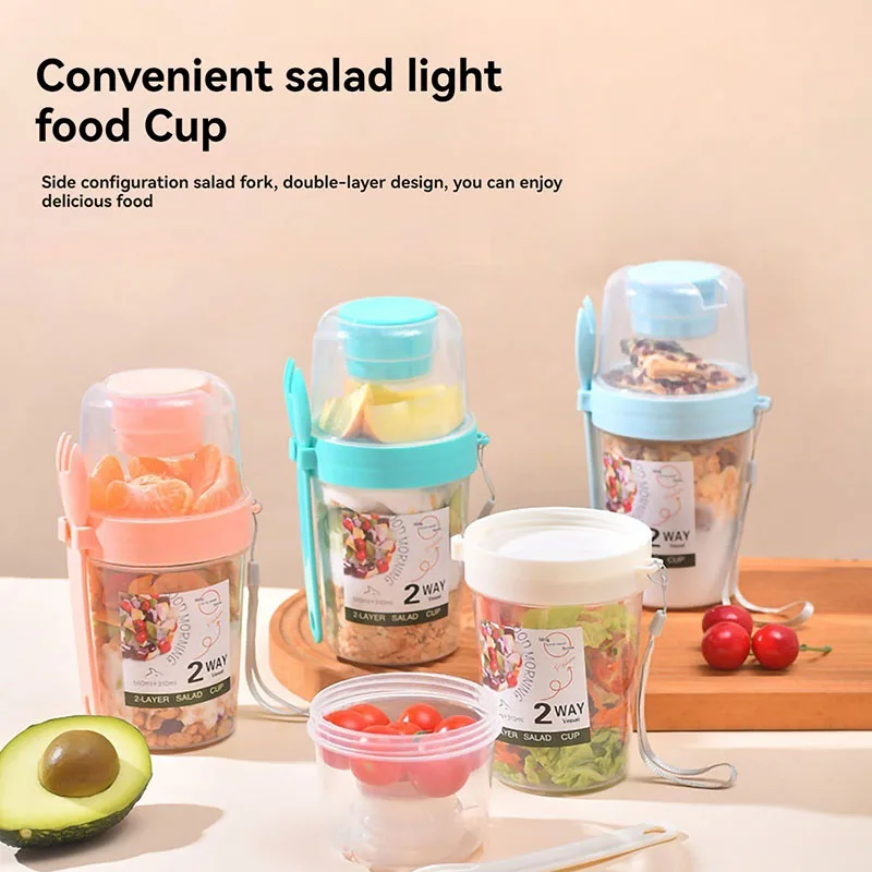 Portable Salad Cup Double Oatmeal Cup Yogurt Nut Fat-Reduced Vegetable Fruit Box Cup With Lid Spoon Breakfast Cup Lunch Box