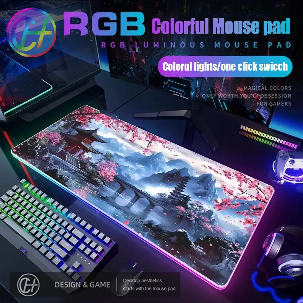 

900x400x4mm Mouse Pad RGB Gaming Mouse Pad Desk Mat HD Gamer Large LED Light XXL Cherry blossom Ink Painting Landscape Mouse Pad