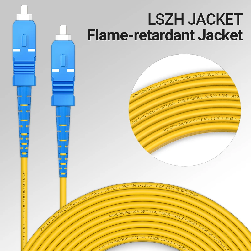 Волоконно-оптический кабель AMPCOM SC UPC Simplex, одномодовый оптоволоконный патч-кабель SMF 9/125 мкм, одномодовый изогнутый изоляционный кабель