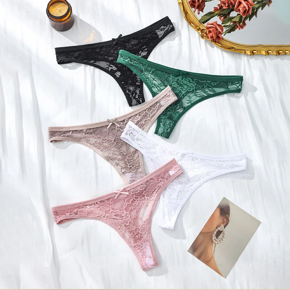 5Pcs Womens Lace Thong Panties Low Waist Sexy Soft Breathable Transparent Triangle Underwear Comfortable Everyday Lingerie