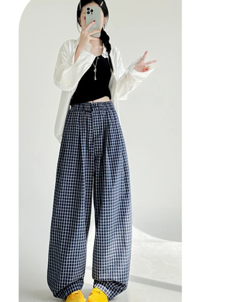 Autumn New Blue Checkered Pants Lazy Style Slimming and High Waisted Balloon Pants Loose and Casual Retro Wide Leg Pants