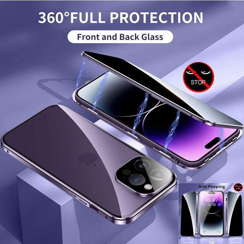 

Double Sided Glass Preventing Peeping Phone Case For iPhone 16 Plus 15 Pro Max 14 13 12 11 Full Lens Protection Snap Lock Cover