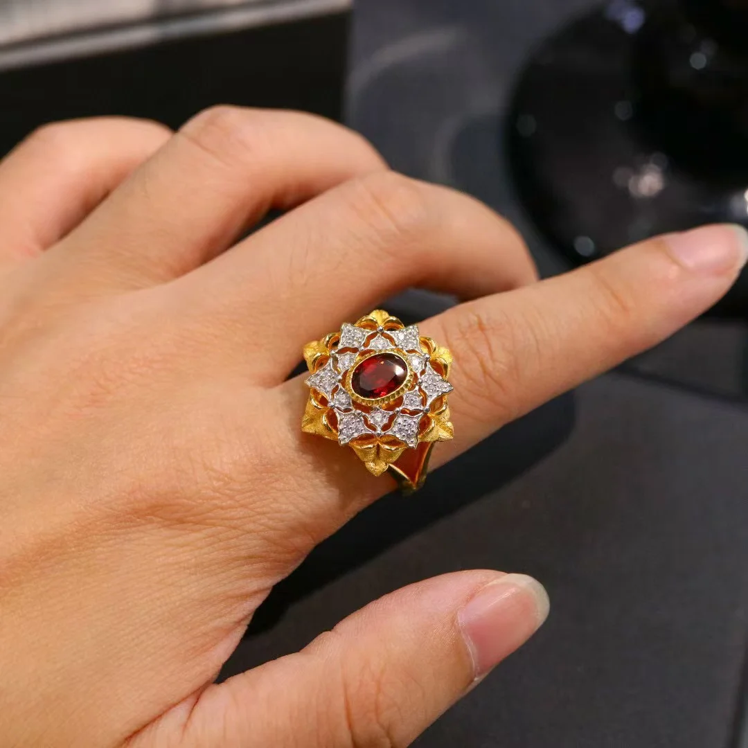 

Сертифицированное серебро 925, натуральный гранат, звезда, открытый браслет на палец, натуральный полудрагоценный камень, винтажное кружевное полое кольцо, изысканные ювелирные изделия