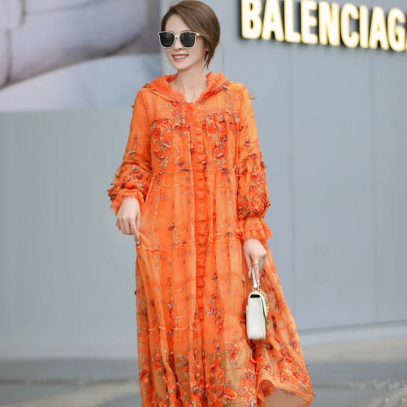 Vibrant Orange Hooded Petal Sleeves Women Silk Coat Loose And Luxury Floating Flower Embroidered Cotton Clothes One Size