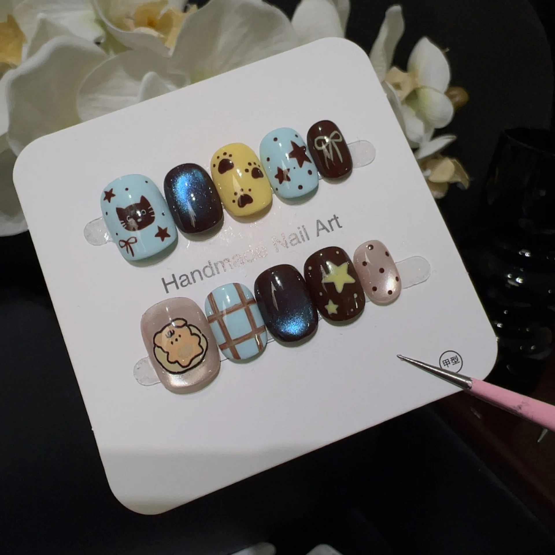 

10PCS Cute Cartoon Dog Cat Short Square Round Handmade Press on Nails Brown Star Plaid Polka Dots Sweet Fake Nails Wearable Tips