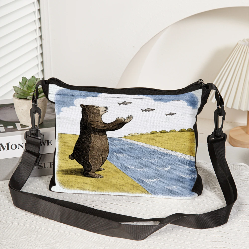 Bear Fishing Scene Crossbody Bag Black Bear River And Fish Print Shoulder Bags For Women Outdoor Nature Lover Travel And Daily U