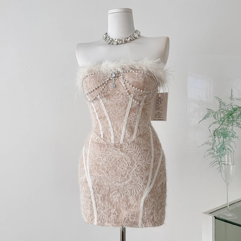 

Furry Formal Boning Mini Evening Dress Strapless Wedding Dresses Sleeveless vestidos de fiesta 2026 Elegant Sexy Short Dress