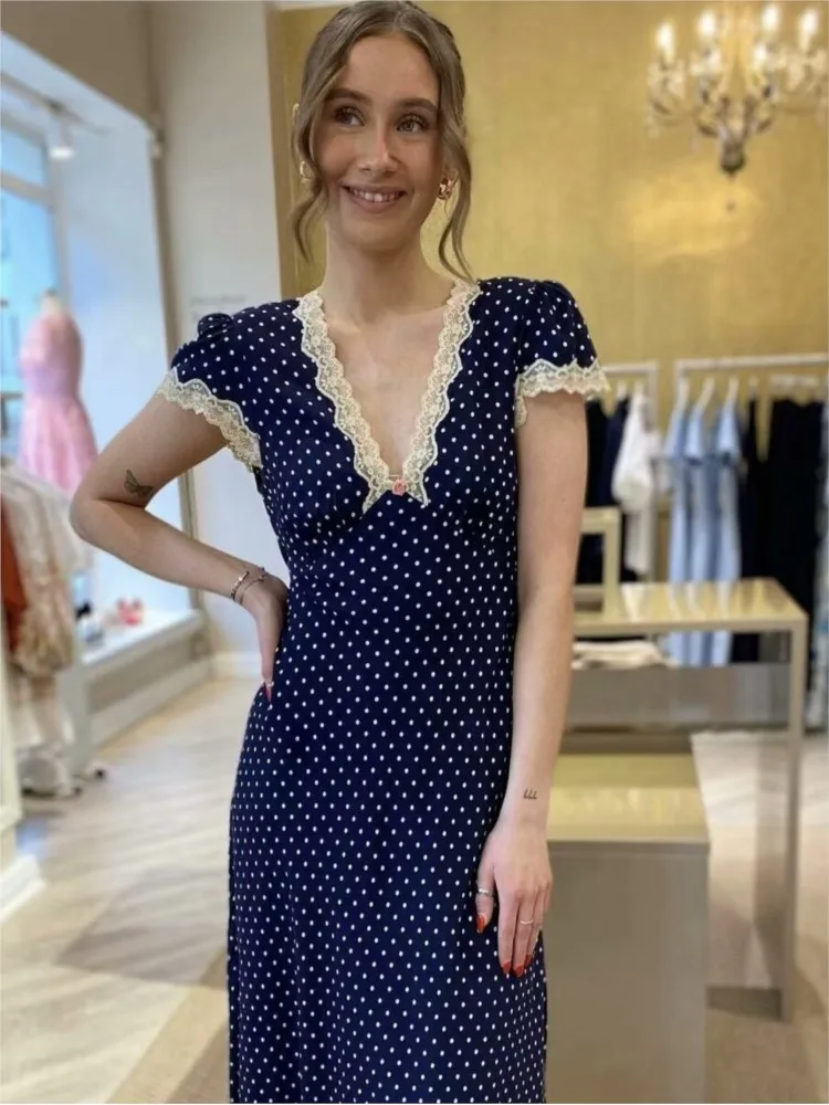 Chic Fashion Lace Polka Dot Long Dress V-neck Sexy Women Dress Navy Blue Vintege Elegant Dresses 2025 New Woman Clothing