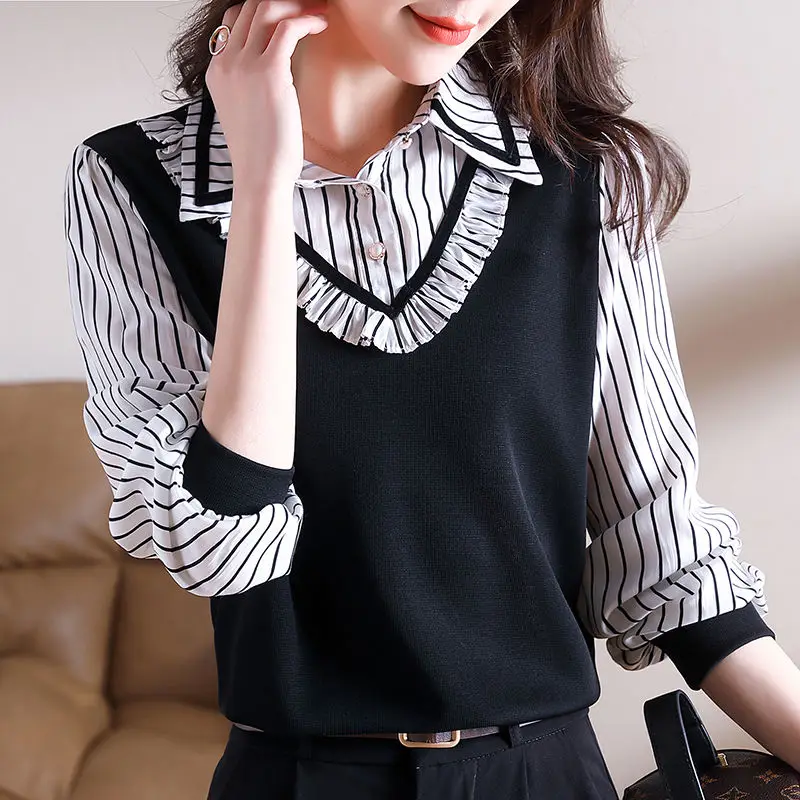 Women\'s Fake Two Piece Pullover Striped Polo Neck Button 2023 Spring and Autumn Long Sleeve Folds Patchwork Casual Shirt Tops