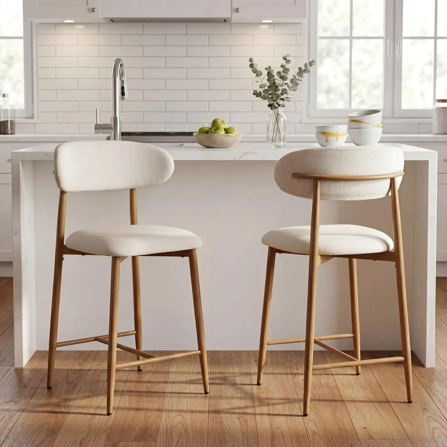 Bar Stools Set of 2, Counter Height Bar Stools Upholstered Counter Stools Modern Barstools with Metal Legs, Beige