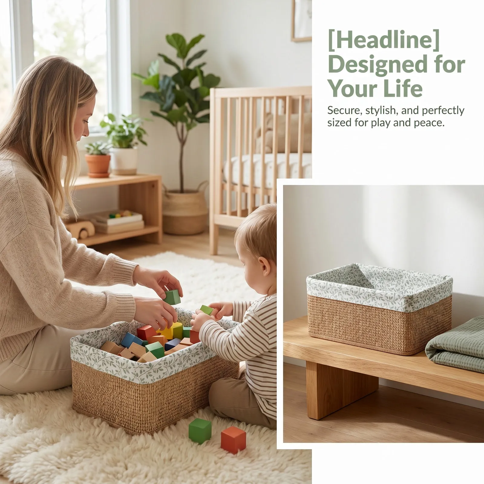 4個入り、緑色の編み込み収納バスケット。手作りで、ベビー用品 - Baby Nursery Bookshelf のレビューと価格