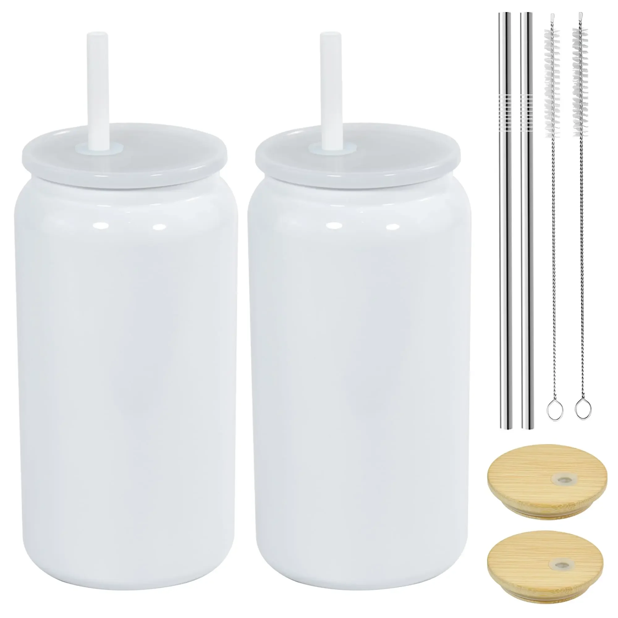 16oz Sublimation Mason Jar Stainless Steel Straw Cup With 2 Lid and Straw Beer Can Double Layer Thermos Water Bottle Coffee Mug