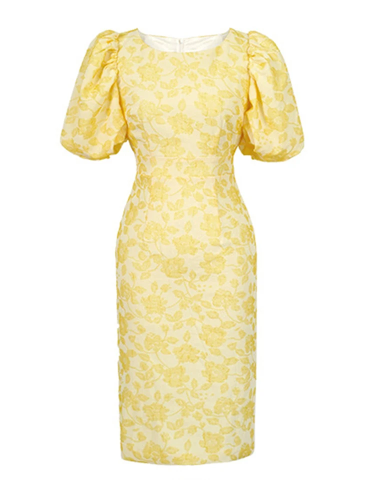 Vestido de noche de verano para Mujer, elegante, elegante, dulce, amarillo Floral, manga abullonada, ajustado, a la cadera, Midi, fiesta