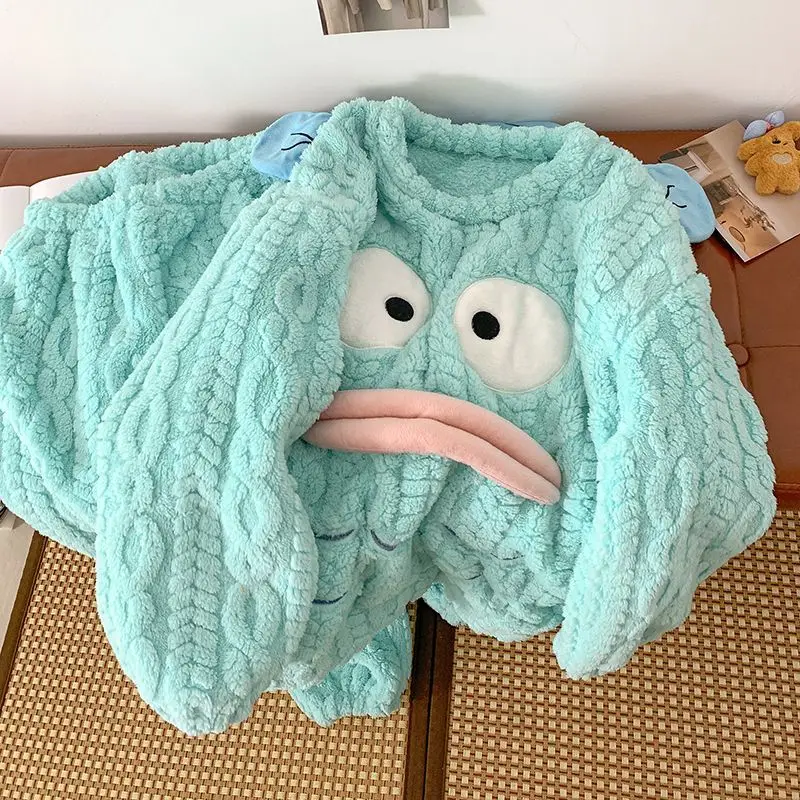 

Cute Hangyodon Autumn Women Solid Warm 2 Piece Sets Thicken Velvet Ribbed Fleece Set Pullover And Pants Women Casual Pajama Sets