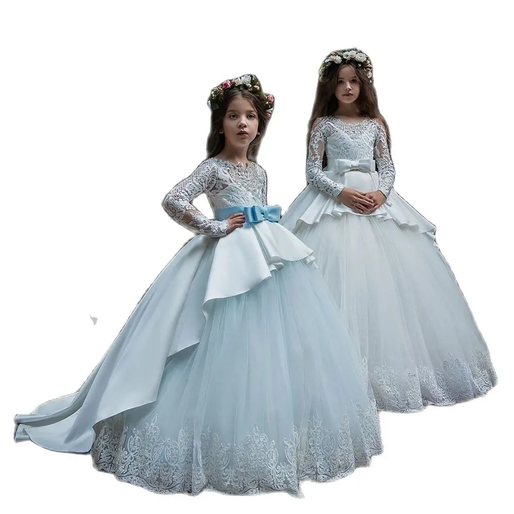 New Hot Girls First Communion Dresses Long Sleeves Ball Gown Lace Appliques Tulle Flower Girl Dresses for Weddings with Sash