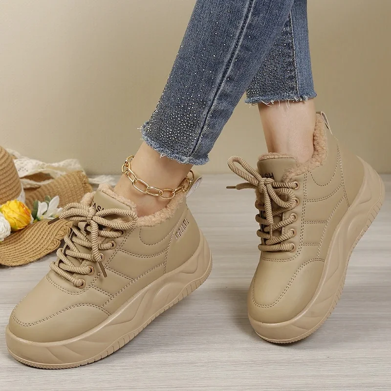 Autumn Women's 2026 Shoes Trend Brown Ankle Boots, Wide Fit, Lace Up, Fleece Lined, Thick Height Increasing Sole Winter Boots