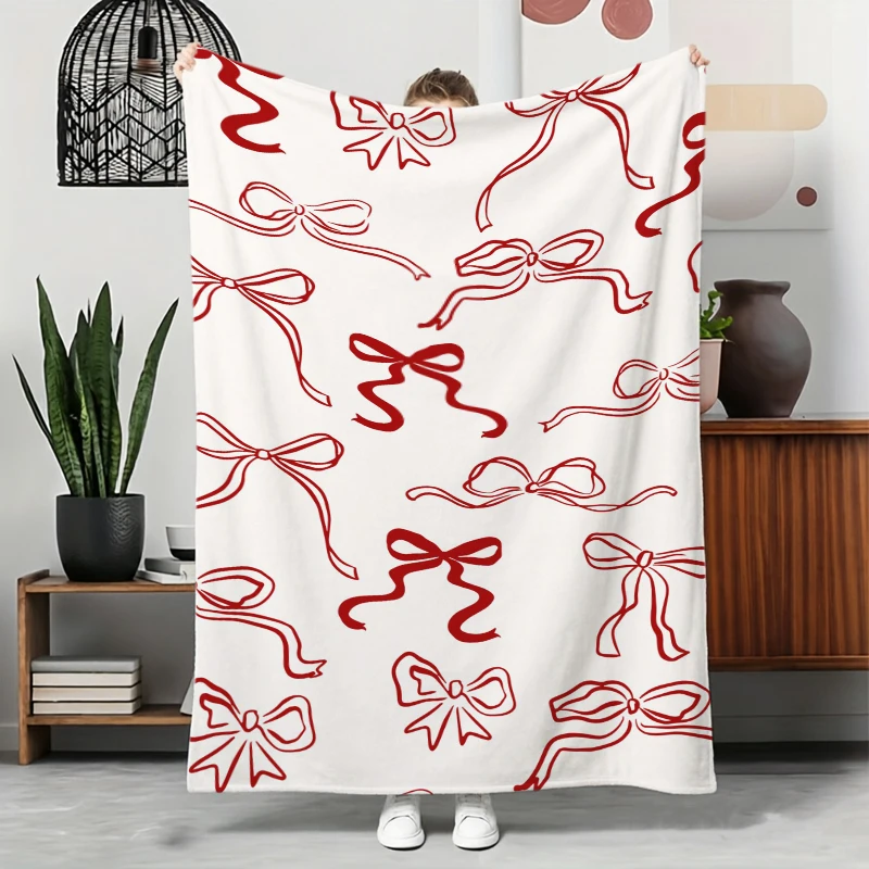 Ribbon Bow Pattern Flannel Blanket For Cozy Bedroom Decor Soft Warm Throw Blanket Gift