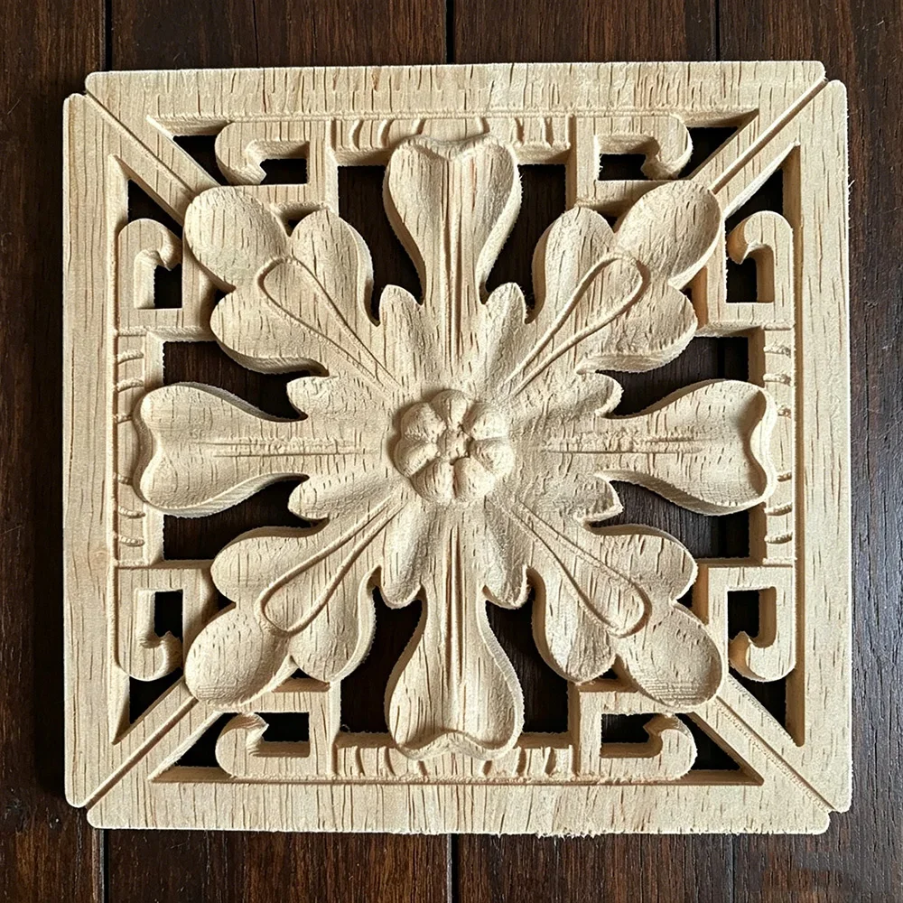 3PCS 12cm Wood Applique Decal Figurines Wooden Carved Decor Unpainted Large Crown Leaves Rectangle Flower Furniture Doors Home