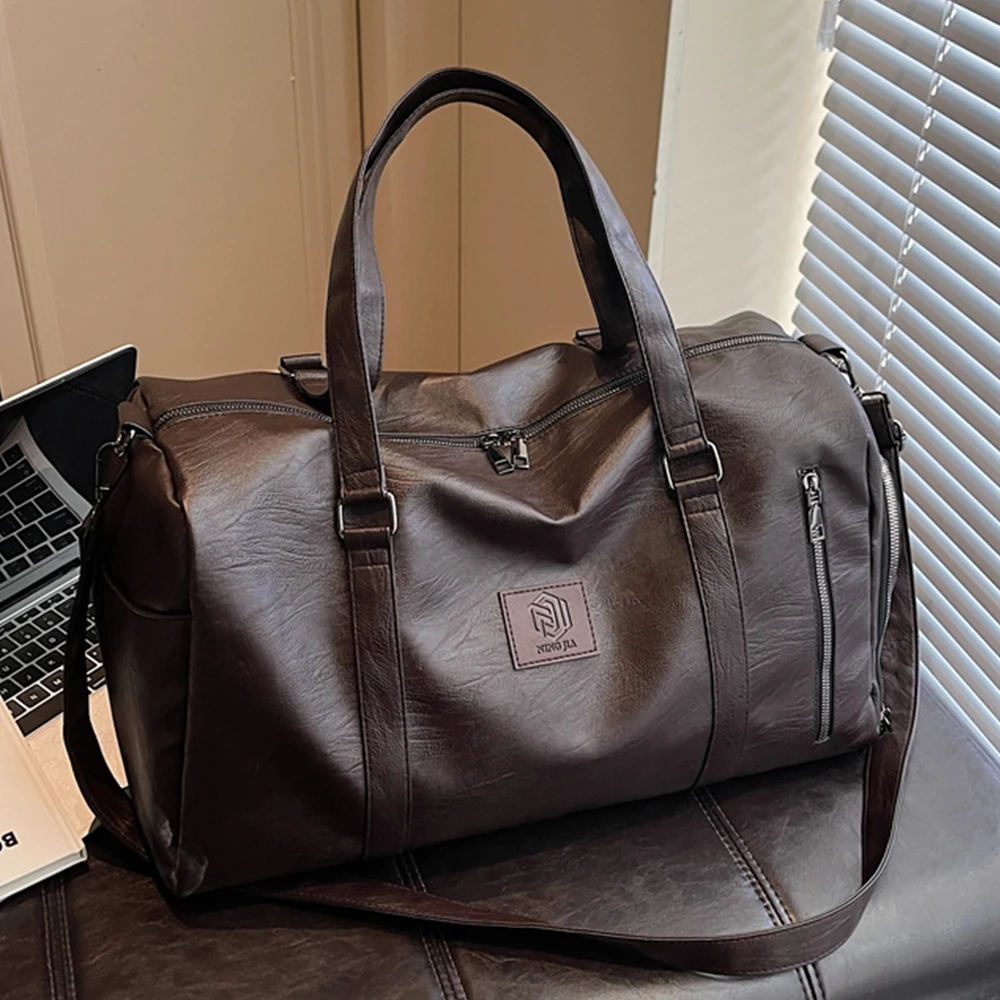 Soft PU Leather Duffle Bag for Travel Shoe Compartment, Weekender Overnight Gym Bag for Men Women, Carry On Bag Brand Travel Bag