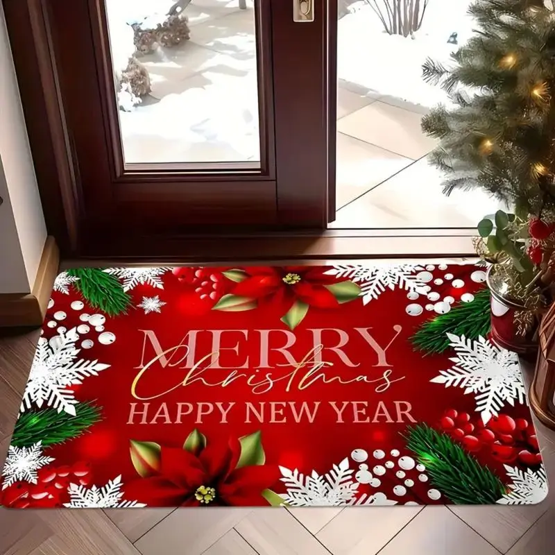 VIKAMA Christmas Doormat Poinsettia Snowflake Pine Berry New Year Print Soft Mat For Front Door Porch Entry Holiday Decor