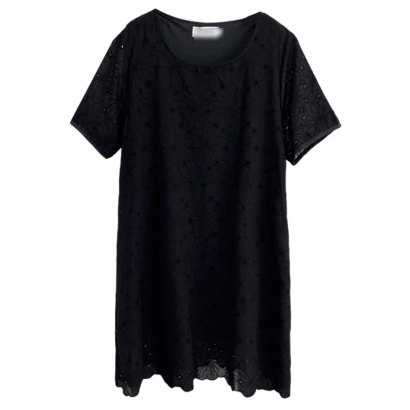 

Новое летнее повседневное платье с круглым вырезом и короткими рукавами, 100 кг, женское хлопковое платье трапециевидной формы с вышивкой, большие размеры 1668