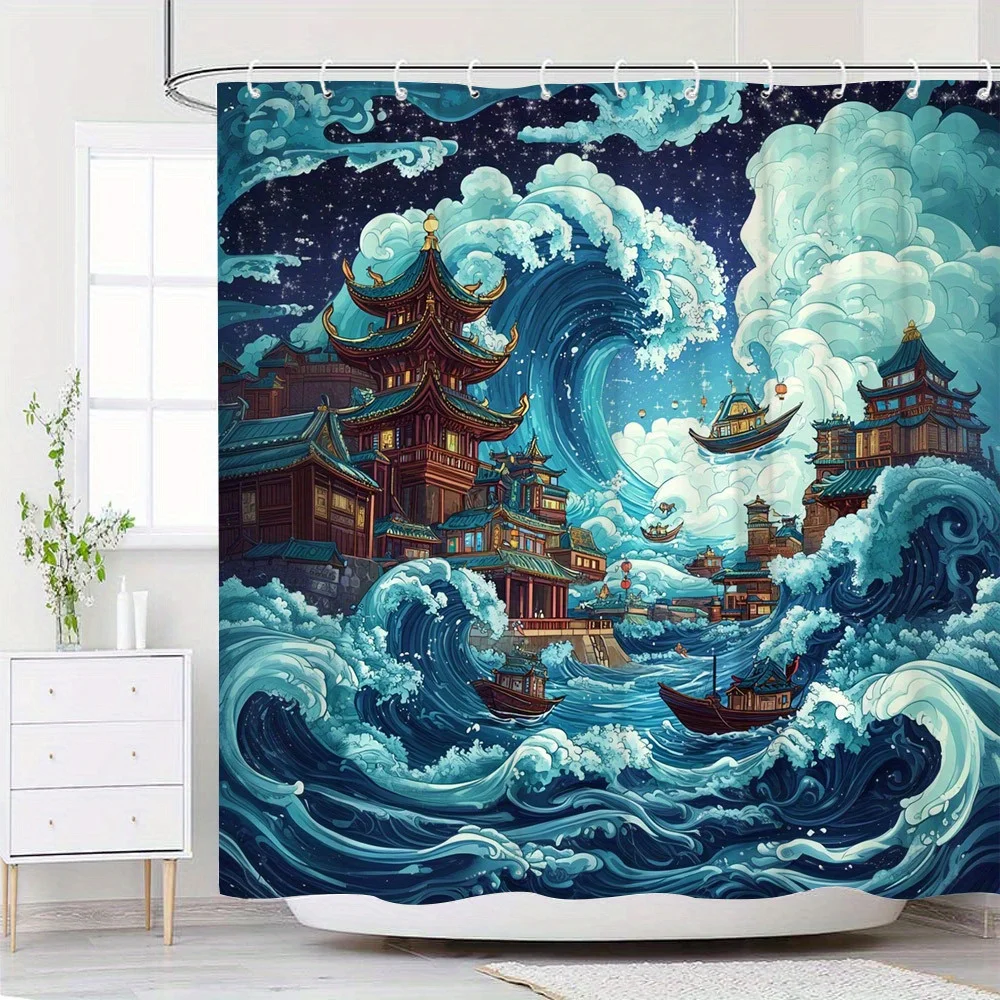 1pc Anime Style Digital Illustration Night Cityscape Shower Curtain Majestic Pagodas Turbulent Waves 12 Hooks 70*70 Inches