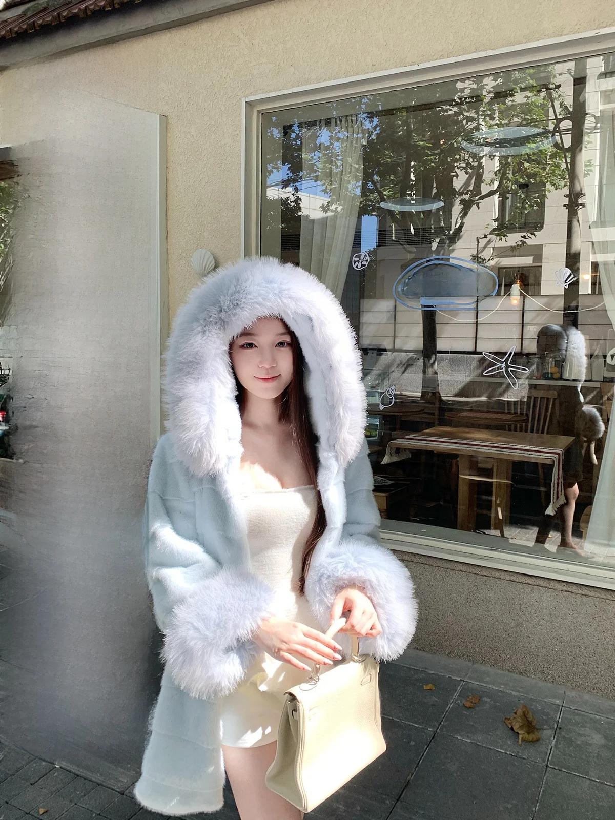

Hotdog Spicy Fur Collar Jacket Simulation Hair Coat with Hood Casual Style Waist-Cinching for Young And Middle-aged Women