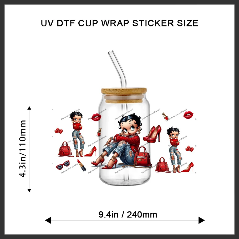 Modern Fashion Girl Themed 3D Waterproof Libbey Glass Can Decal Red Aesthetic Cartoon UV DTF Cup Transfer Sticker DIY Wrap Decal view 2
