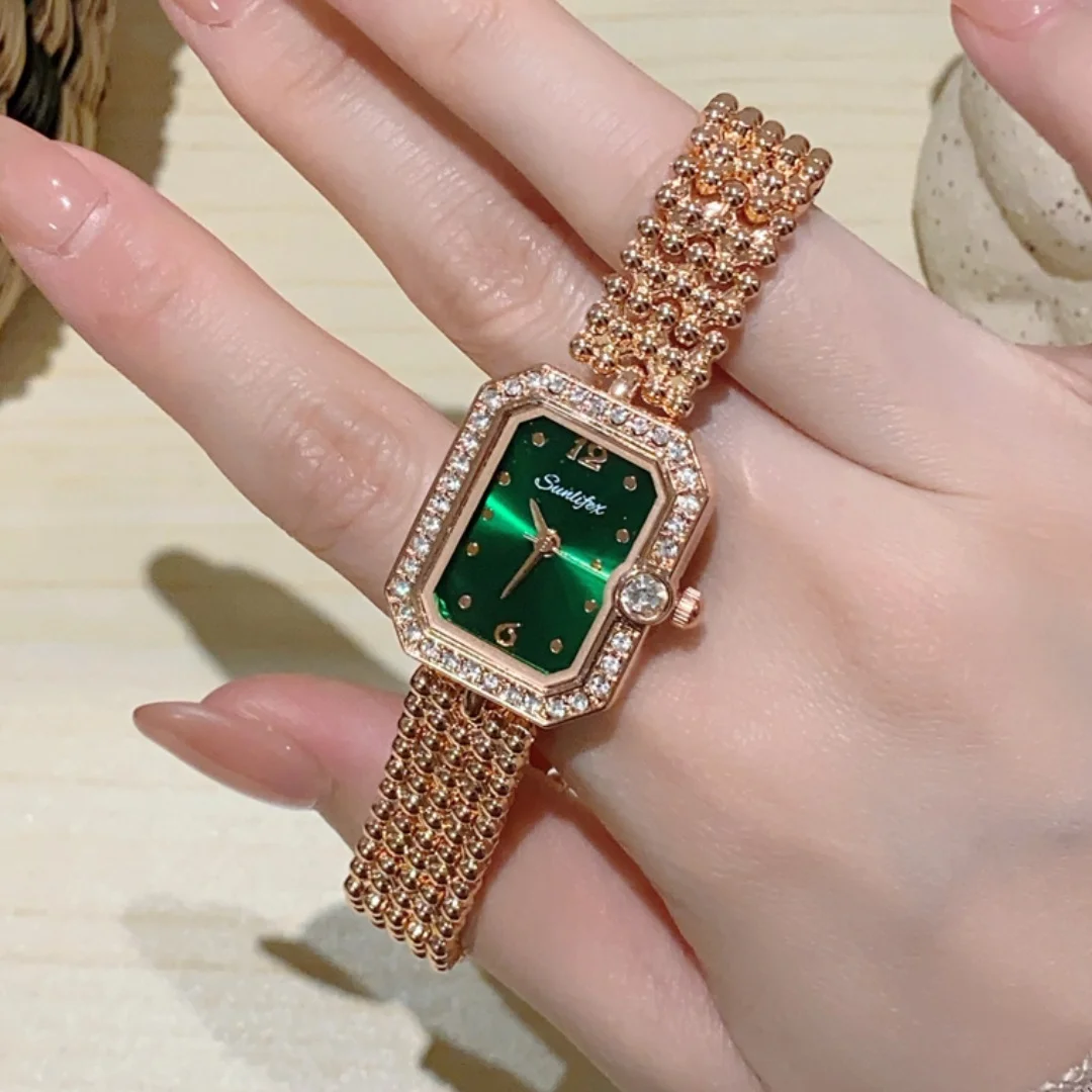Sunlifex Women Square Watch Luminous Diamond Quartz Wristwatch Fashion Bracelet Clock Rose Gold Ladies Watches Bezel Reloj