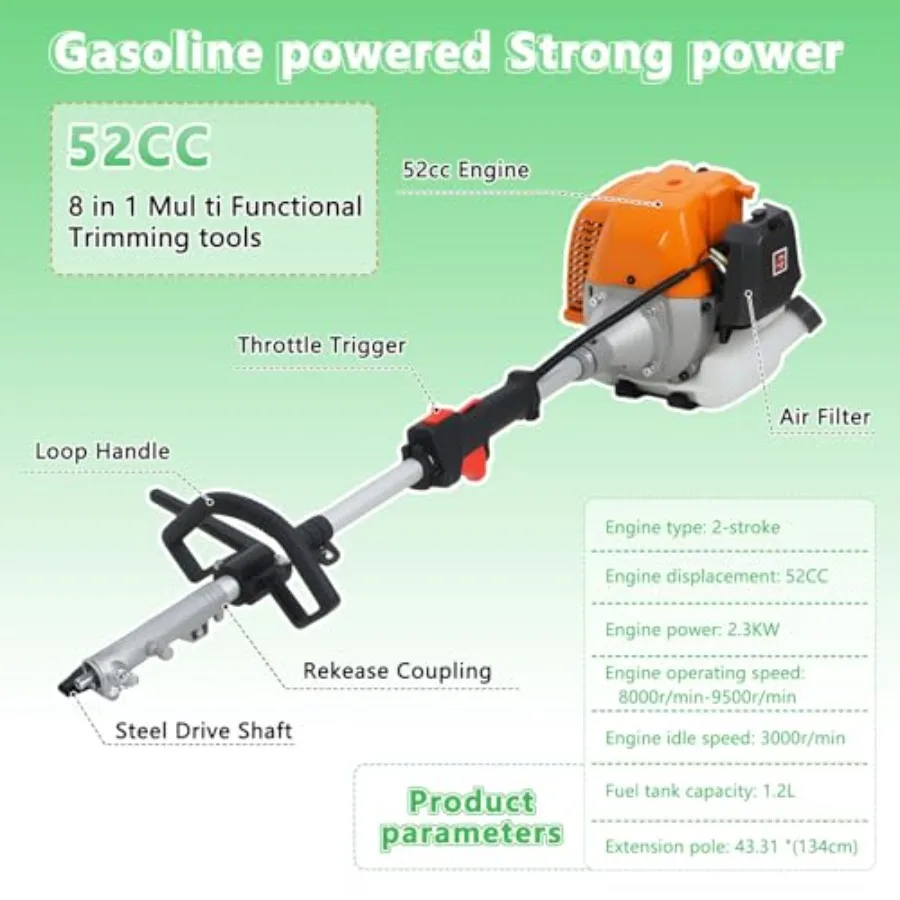 8in1 Gas Weed Wacker 52cc 2Cycle Gas Weed Eater with 9500rpm High Power String Trimmer Upgraded 2025 Model for Yard and Garden