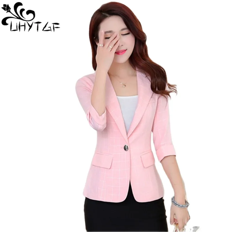 

UHYTGF Women's Jacket Fashion Plaid Autumn Blazers Coats Korean Slim Female Office Short Blazers Outerwear Casual Thin Tops 1787