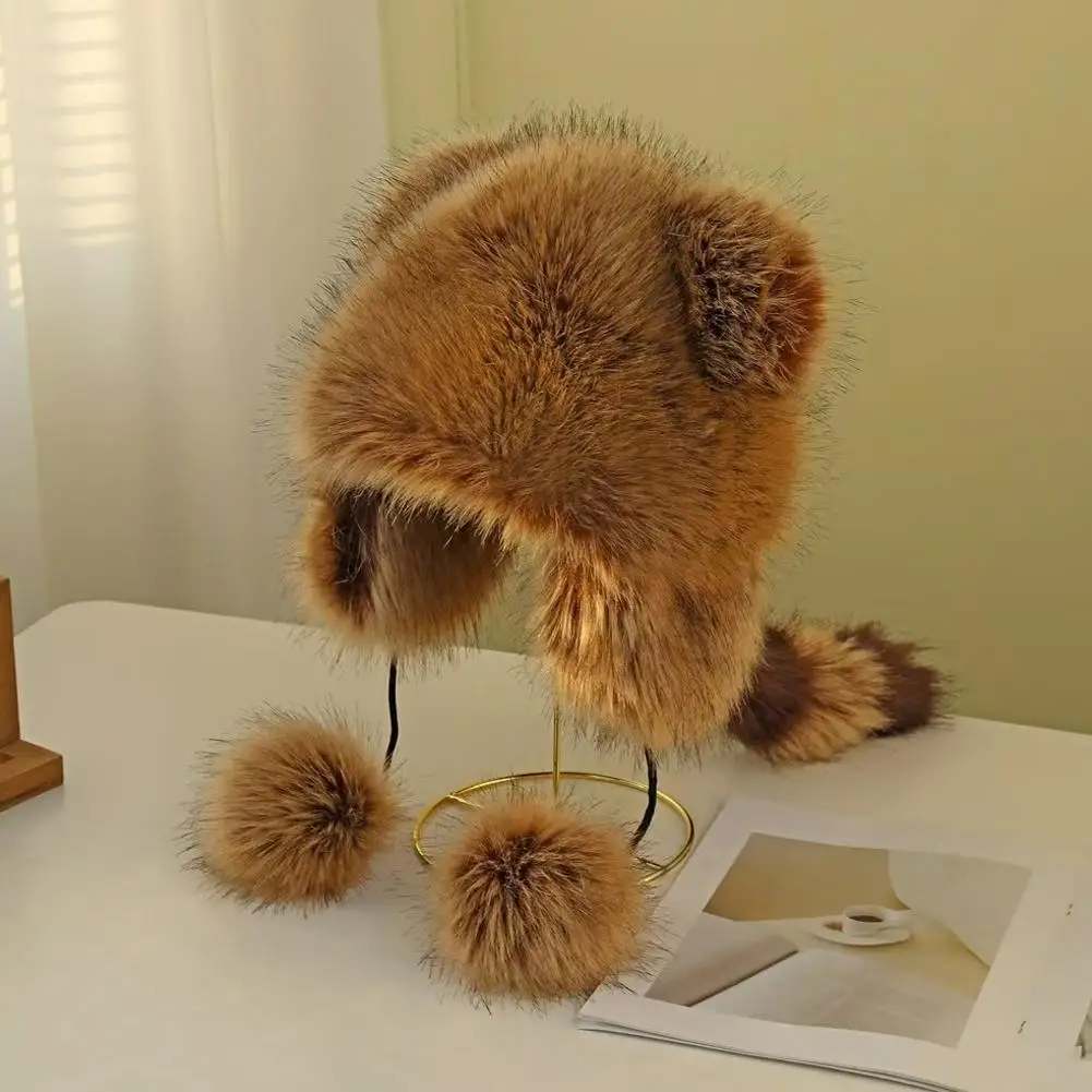 Plüsch Waschbär Pelzmütze Schwanz Frauen natürliche Waschbär Pelzmützen Hüte für Erwachsene/Kinder Winter dicke warme Ohren Mode warme Mütze – Detail 10