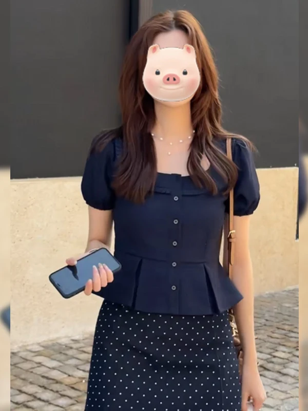 

Retro ort Sve Square Collar irt Women's Summer Design Waist-Cinching ort Bubble Sve Top Korean Sle Slim Fit