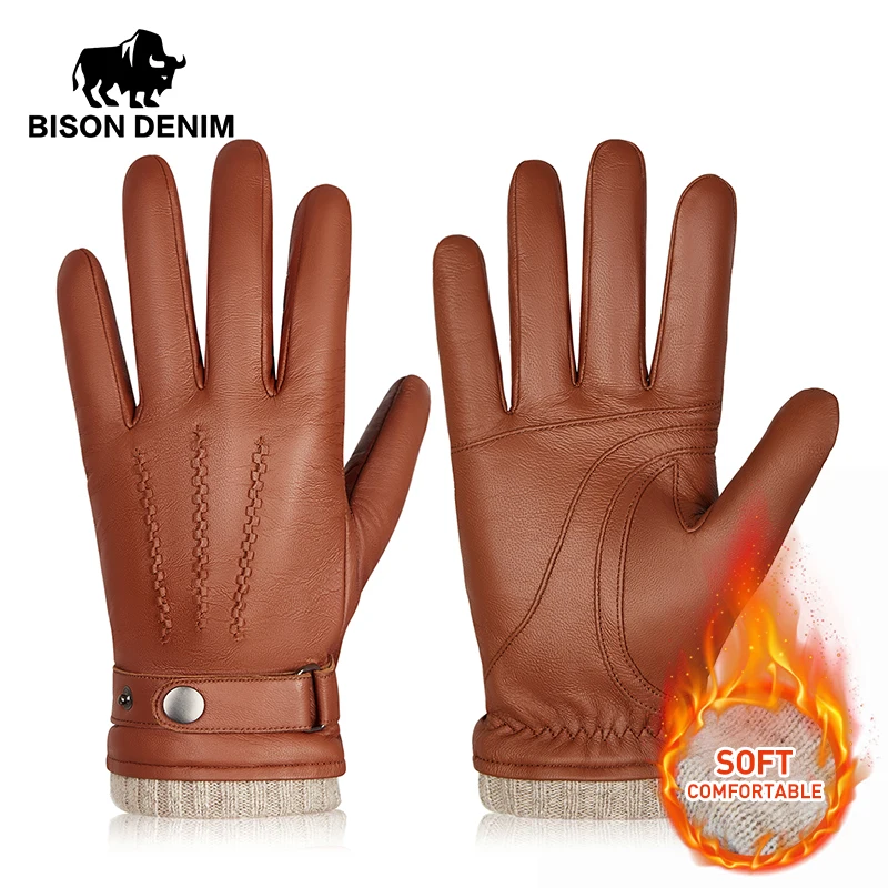 BISON DENIM Men Sheepskin Gloves Winter Thermal Touchscreen Full-finger Mittens Ultralight Windproof Gloves For Driving Riding