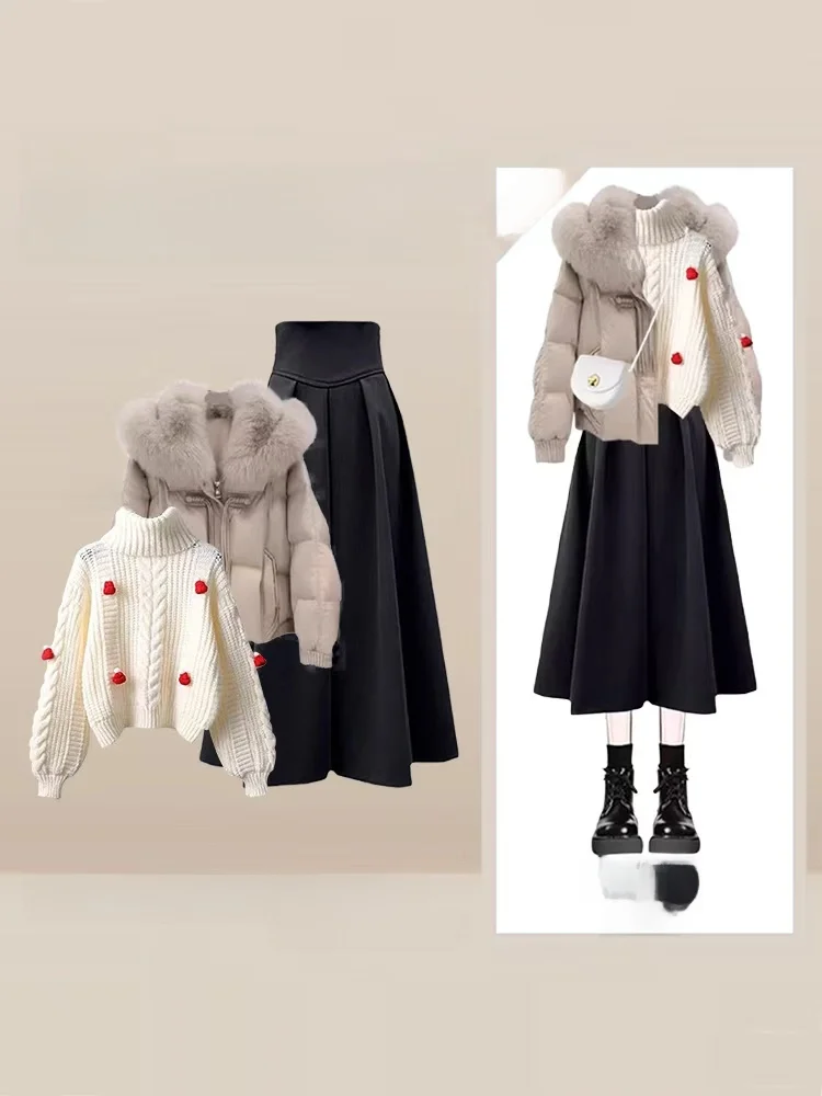 Jaet de algodón cálido con cuello de piel, falda hasta f y suéter, conjunto de camiseta, conjunto de Faion para mujer, invierno