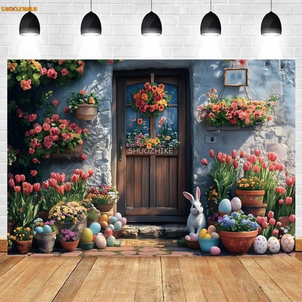 Easter Rabbit Wood Door Backdrop Flowers Eggs Birthday Party Baby Kids Portrait Family Party Photography Background Photo Studio