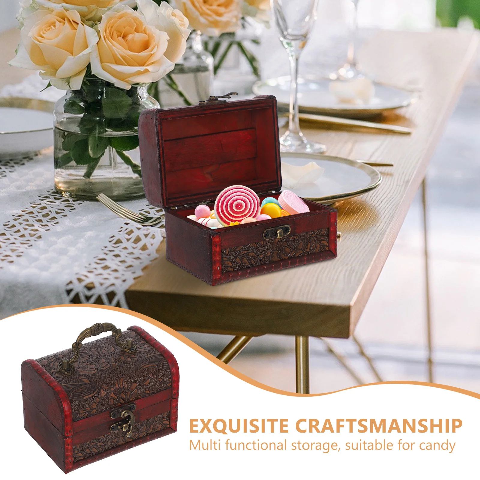 Vintage Jewelry Storage Box Wood Portable Handle Retro Organizer Keepsake Wedding Candy Trinket Box Small Trinket Case