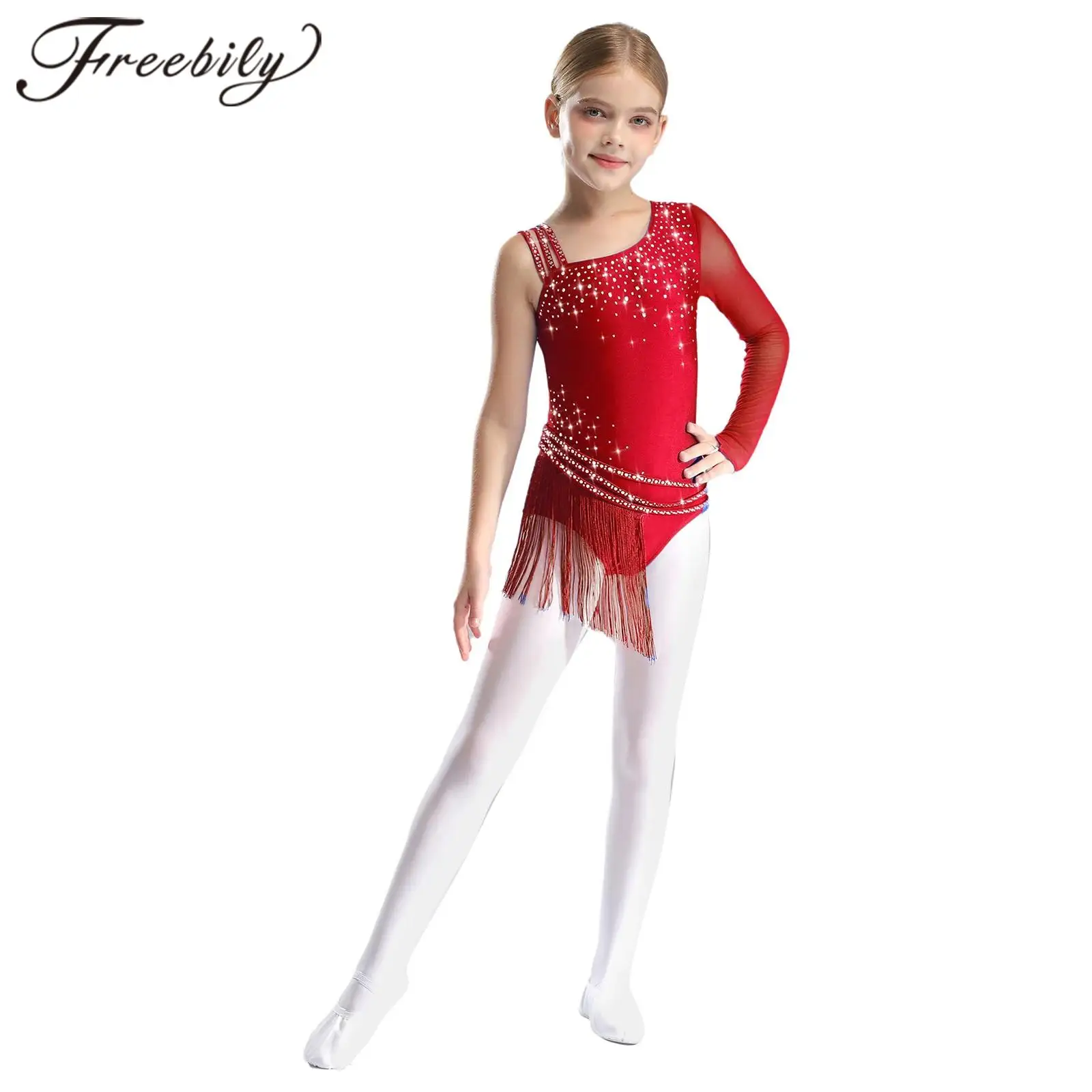 Kids Girls Glittery Rhinestone Figure Skating Fringe Leotard for Competition Gymnastics Jumpsuits Ballet Clothes Tassel Bodysuit