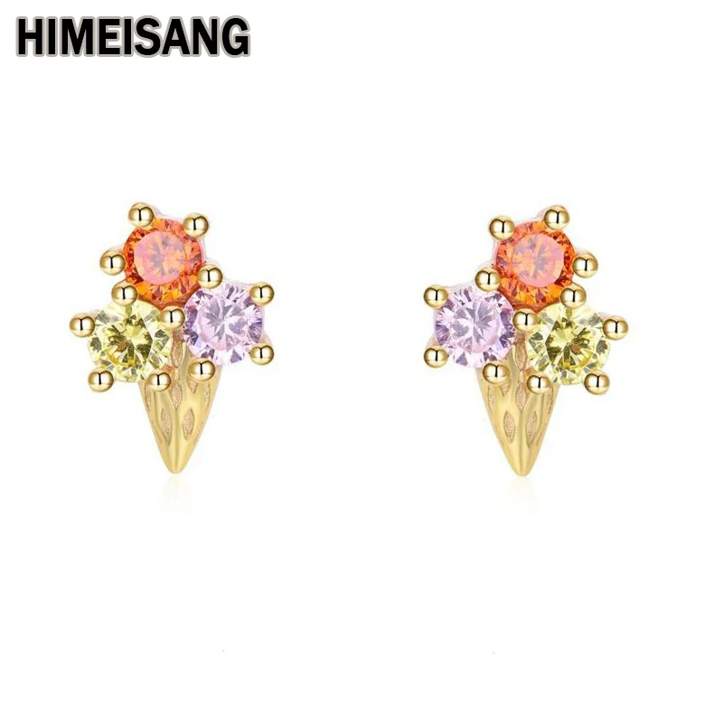 

HIMEISANG Silver Gold Filled Stud Earrings for Women Colour Zircon Ice Cream Piercing Women's Earrings Jewelry Wholesale