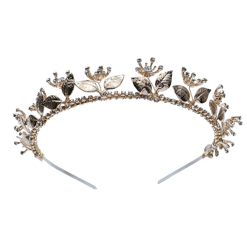 Baroque Women Hairband Gold Color Leaf Bridal Tiara Crown Rhinestone Wedding Hair Piece Handmade Accessories