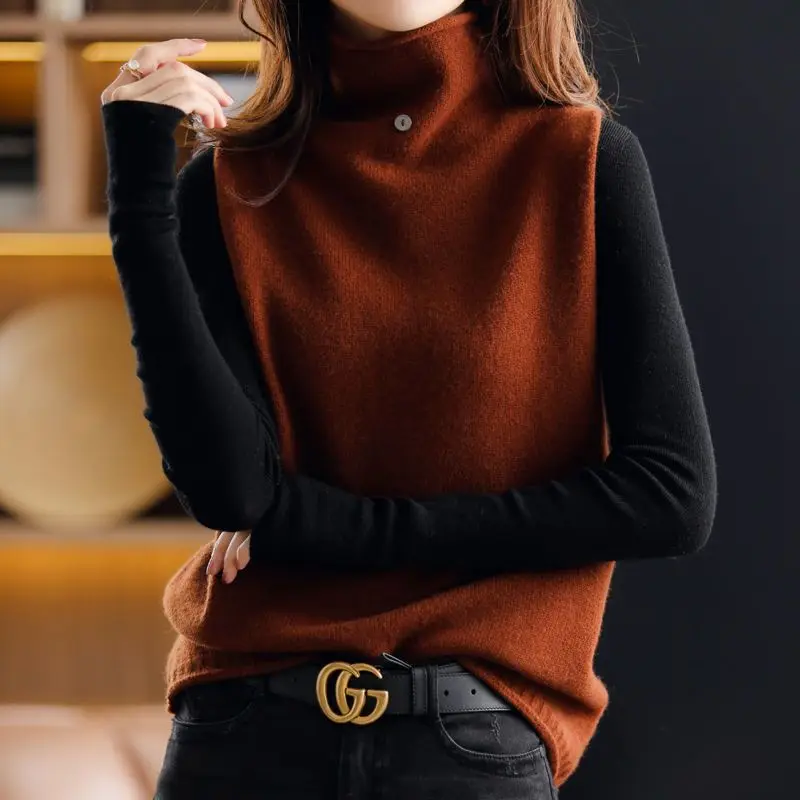 Fashion Women Vintage Turtleneck Sweater Vest Spring Autumn All-match Casual Streetwear Solid Loose Sleeveless Knitted Pullovers