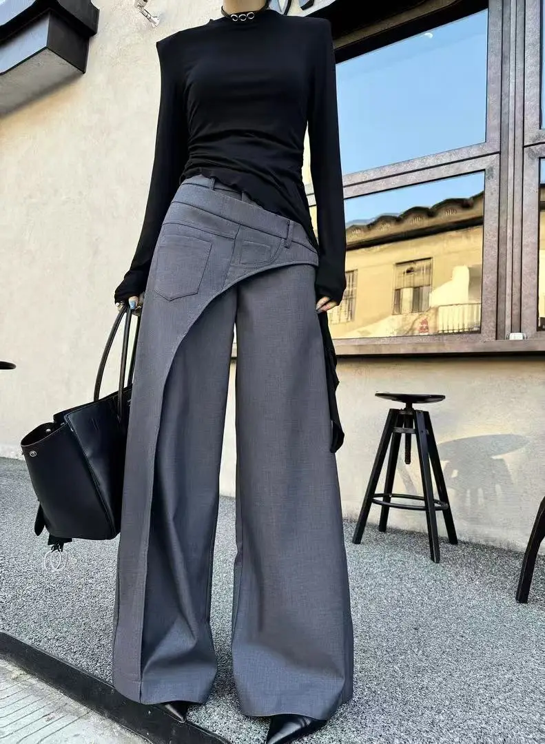 2024 Black Design Wide-Leg Pants Women's Slimming Suit Pant Harajuku High Waist Loose Straight Streetwear Y2k Casual Trousers