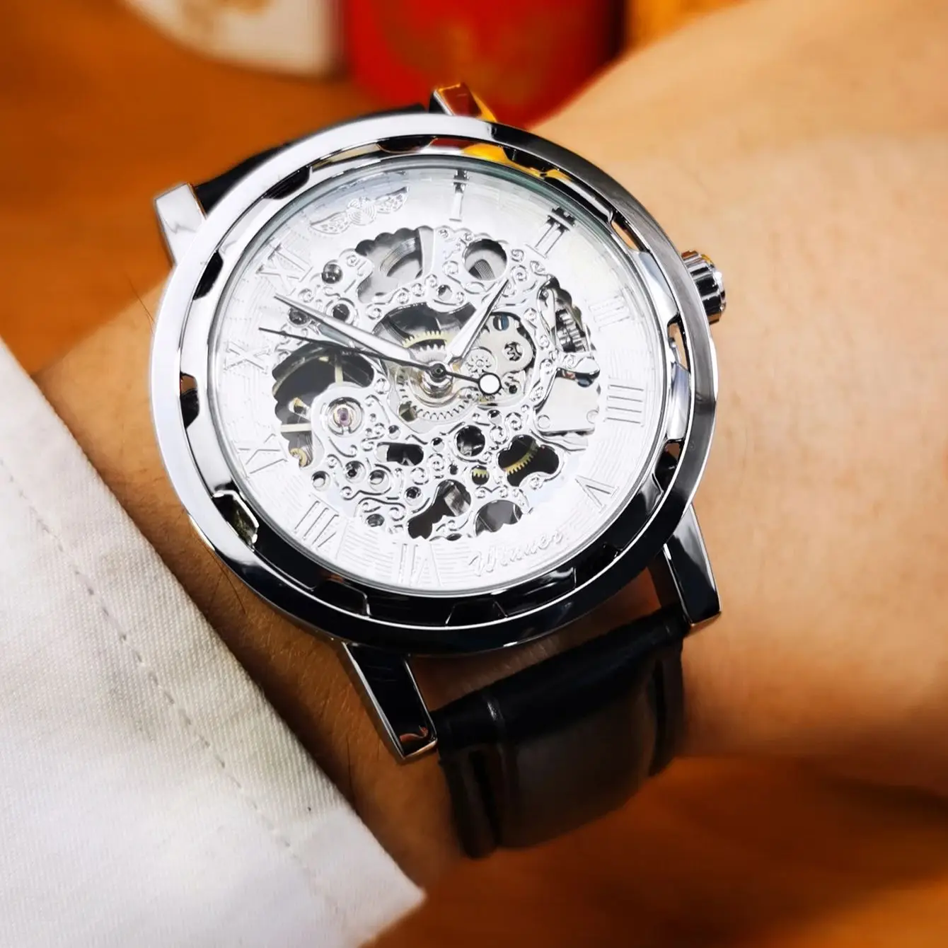 ساعات ميكانيكية كلاسيكية شفافة بهيكل عظمي من WINNER، عقارب مضيئة، ساعة فضية بيضاء ريترو فاخرة للرجال، حزام جلد أسود #4