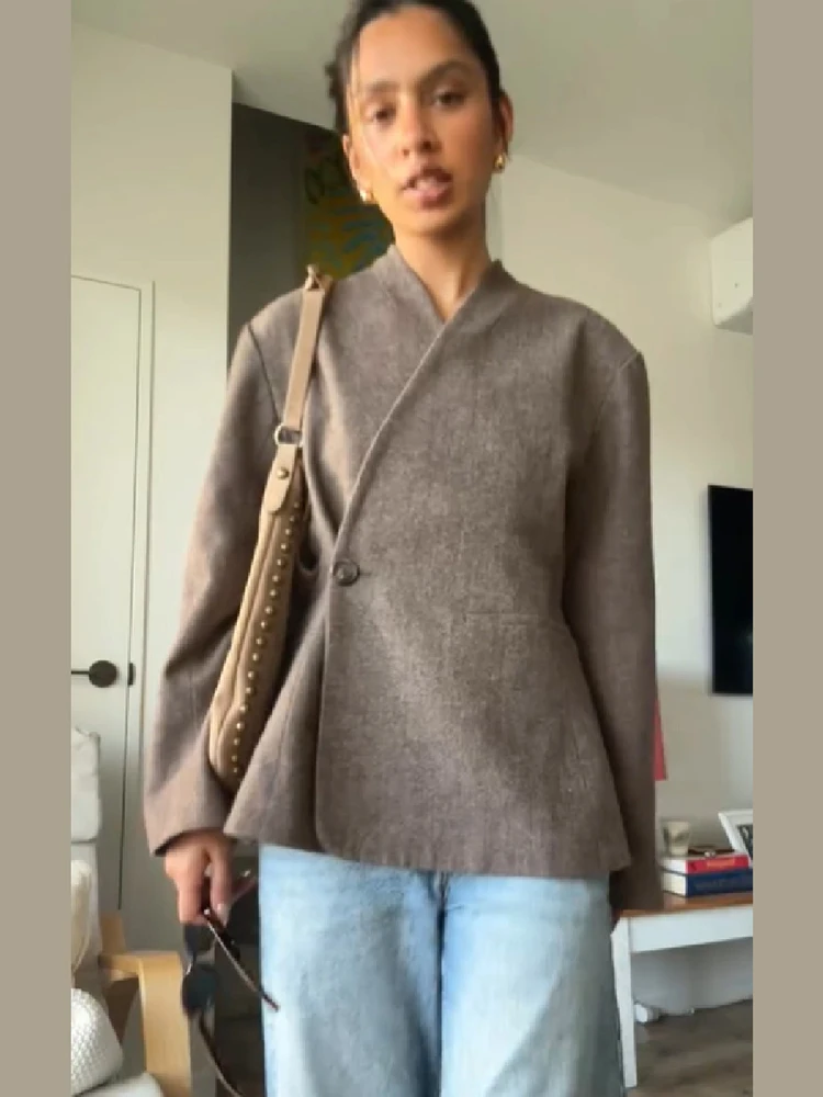 Women Tweed Cropped Coat One‑Button Diagonal Front Wrap Fitted Waist Minimalist Short Jacket Casual Office Ladies Outerwear