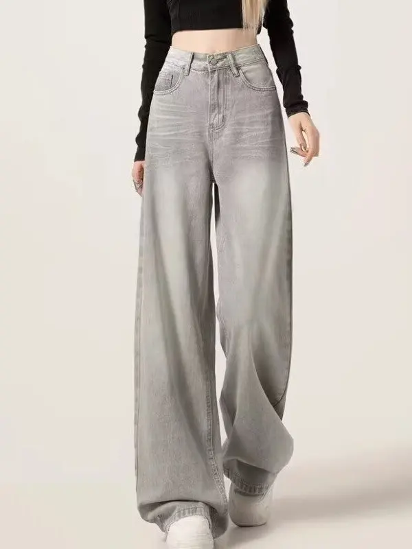 

Light Grey Wide Leg Jeans Women's Loose Fit High Waist Slimming Drapey Casual Denim Pants Straight Leg Trousers for plus Size