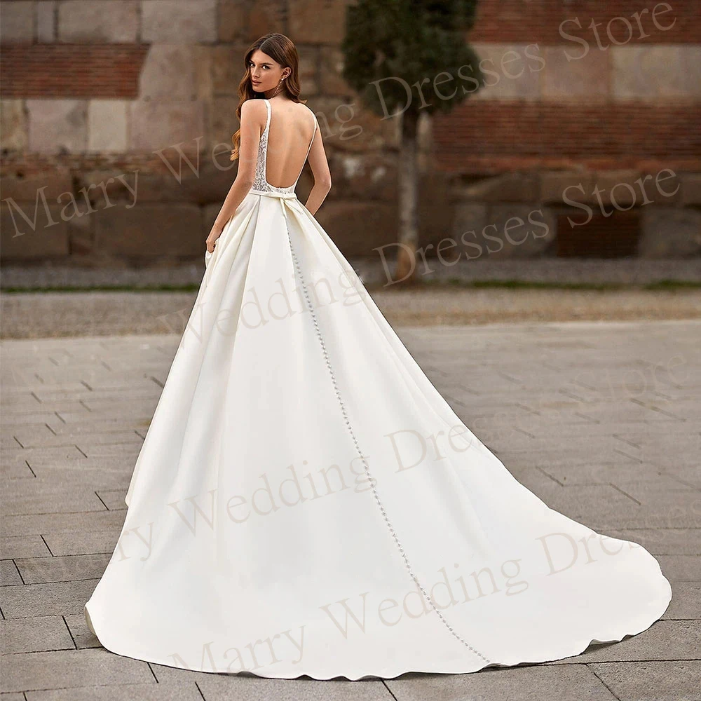 Modern Stain Square Collar Wedding Dresses A Line Applique Lace Bride Gown With Pockets Backless Sleeveless For Women Customized