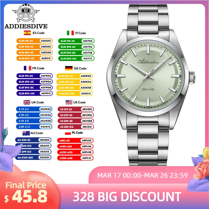 ADDIESDIVE 2024 nuevo Reloj de lujo con espejo de burbuja de cristal 36mm esfera verde VH31 Reloj de cuarzo 10Bar Reloj de pulsera impermeable Reloj para Hombre