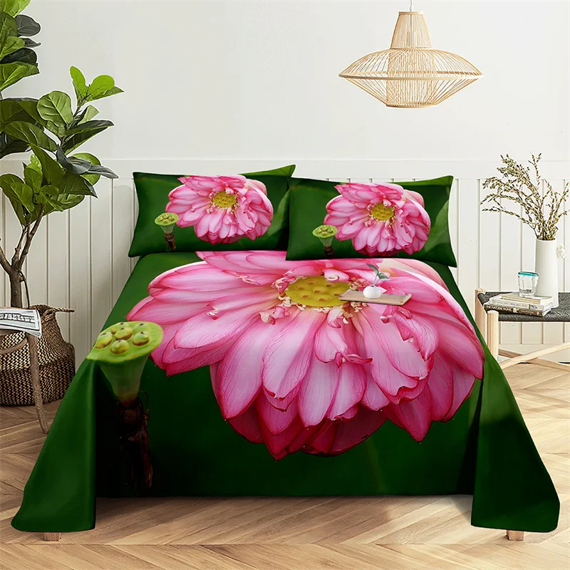

Lotus, Plant Queen Size Sheet Set Kid's Room Flower Bedding Set Bed Sheets and Pillowcases Bedding Flat Sheet Bed Sheet Set
